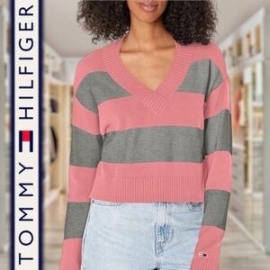 TOMMY JEANS Striped V-Neck Cropped Varsity Sweater  NWT Size LG